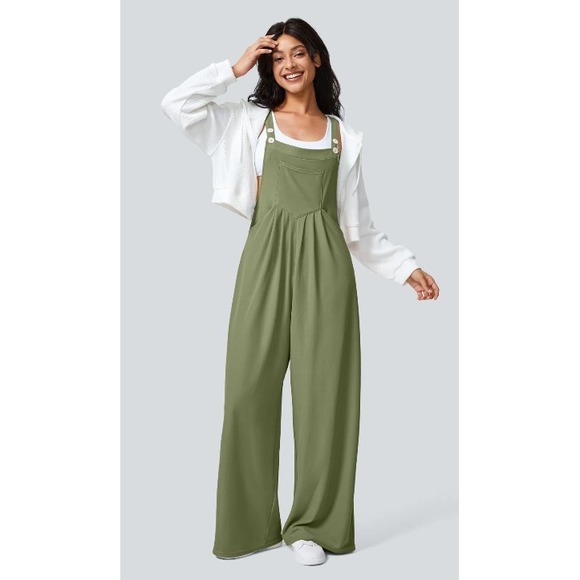 HALARA Pants - HALARA Wide Leg Casual Jogger Overalls Jumpsuit Adjustable XS Olive Green NWT